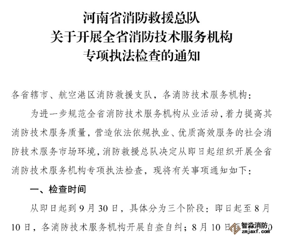 河南省消防救援总队关于开展全省消防技术服务机构专项执法检查的通知